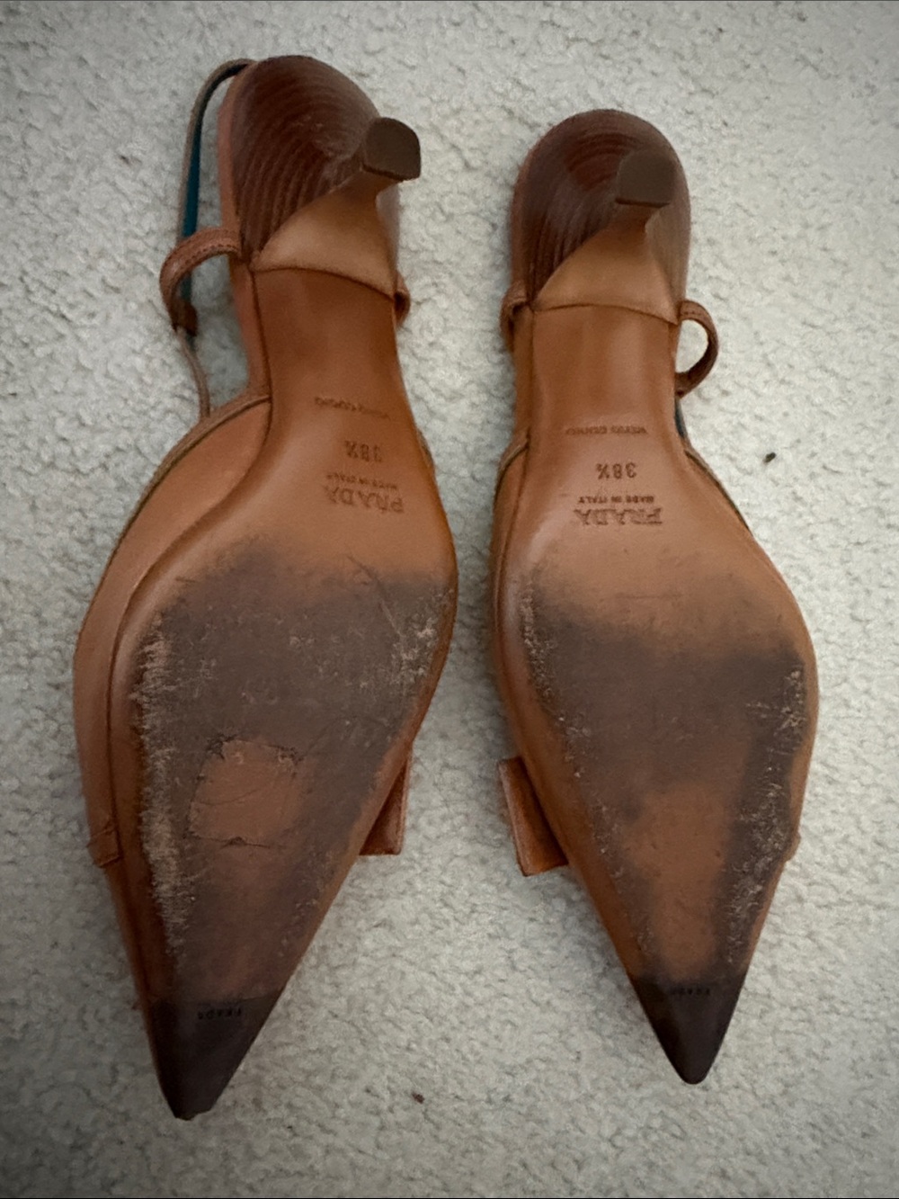 Prada Brown Leather Pointed Slingback Heels with Teal Insole - Picture 3 of 3